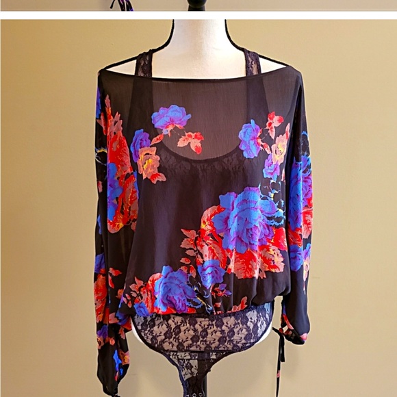 Free People Bodysuit Top Intimately Chiffon and Lace Floral Print Black Small - Picture 3 of 4